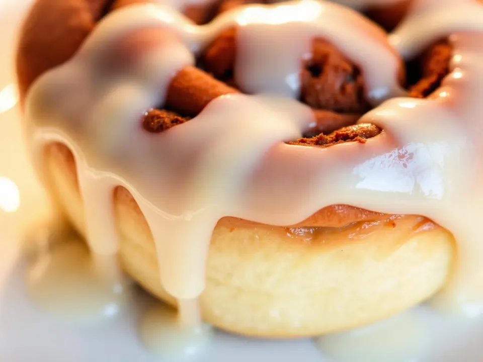 Cinnamon roll artisanal Roll'Babe à Saint-Étienne, nappé de glaçage signature